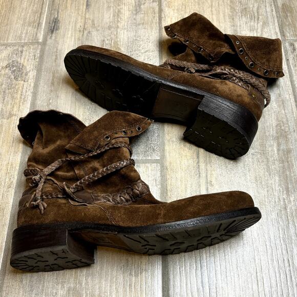 Trask Naomi Women's Brown Sheep Leather Suede Stacked Heel Ankle Boots 8M - Picture 2 of 3